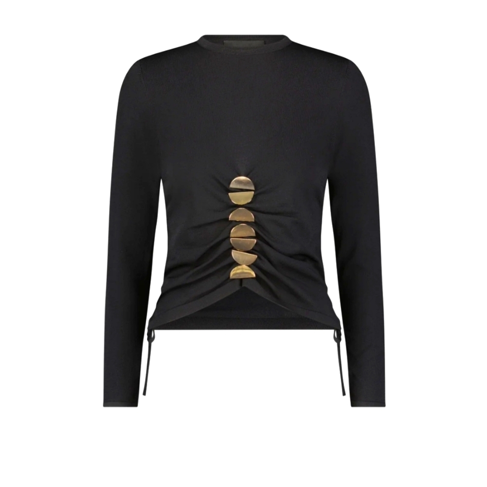 Aleeza Elegant Black Oliva Sweater with Gold Pin Accents & Cinched